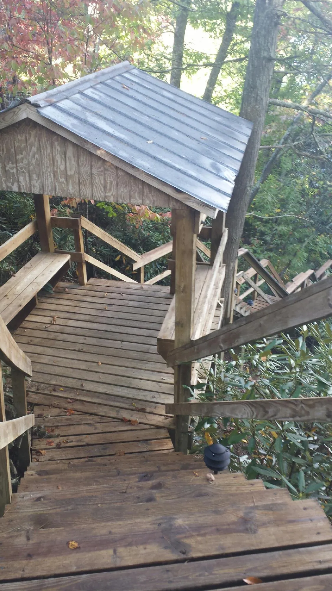 Metal roofed shelter over wooden steps on a wooded walkway — Skylight Repair & Installation work by our crew in Whitmore Lake
